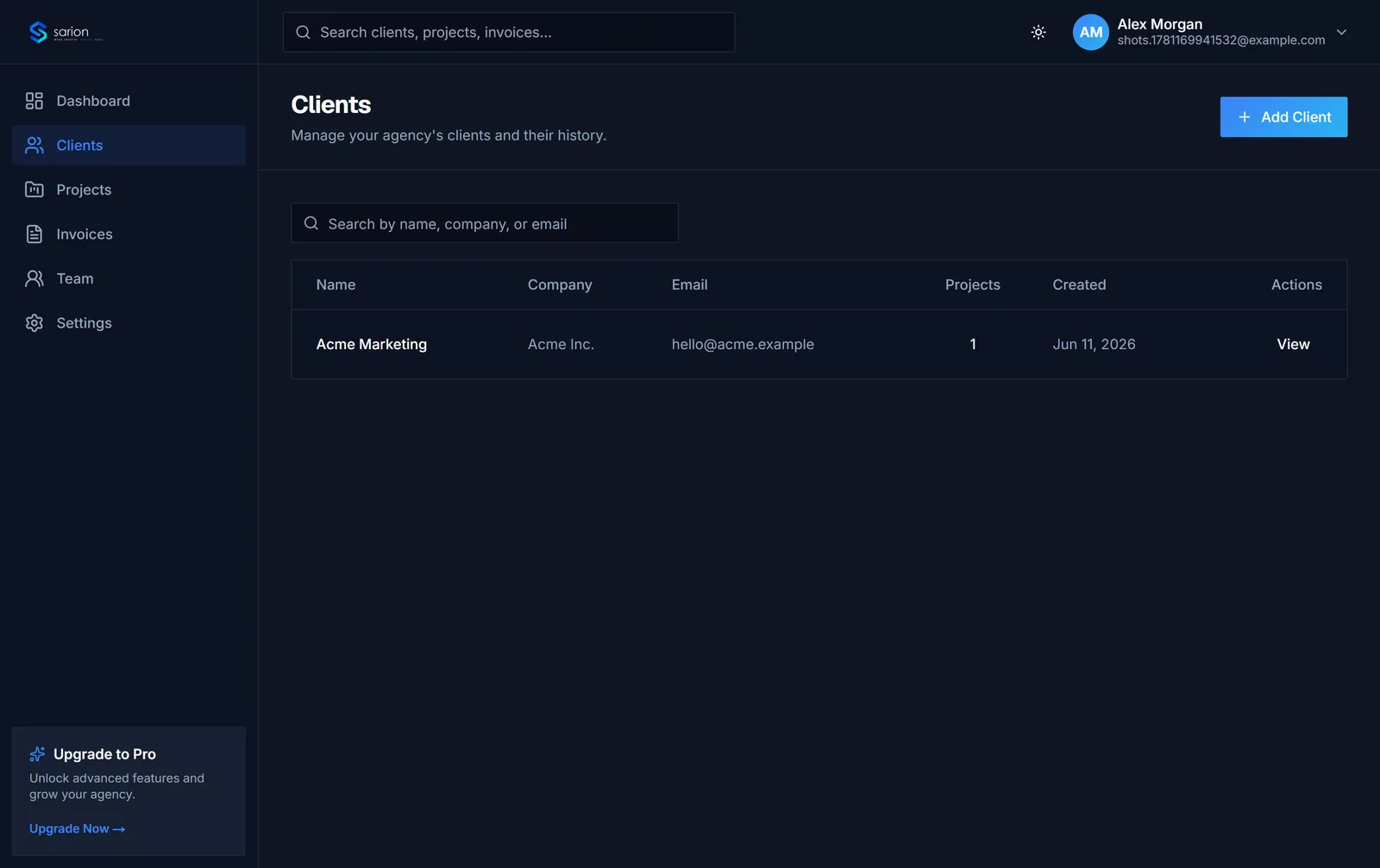 The Sarion clients list with companies, emails, and project counts
