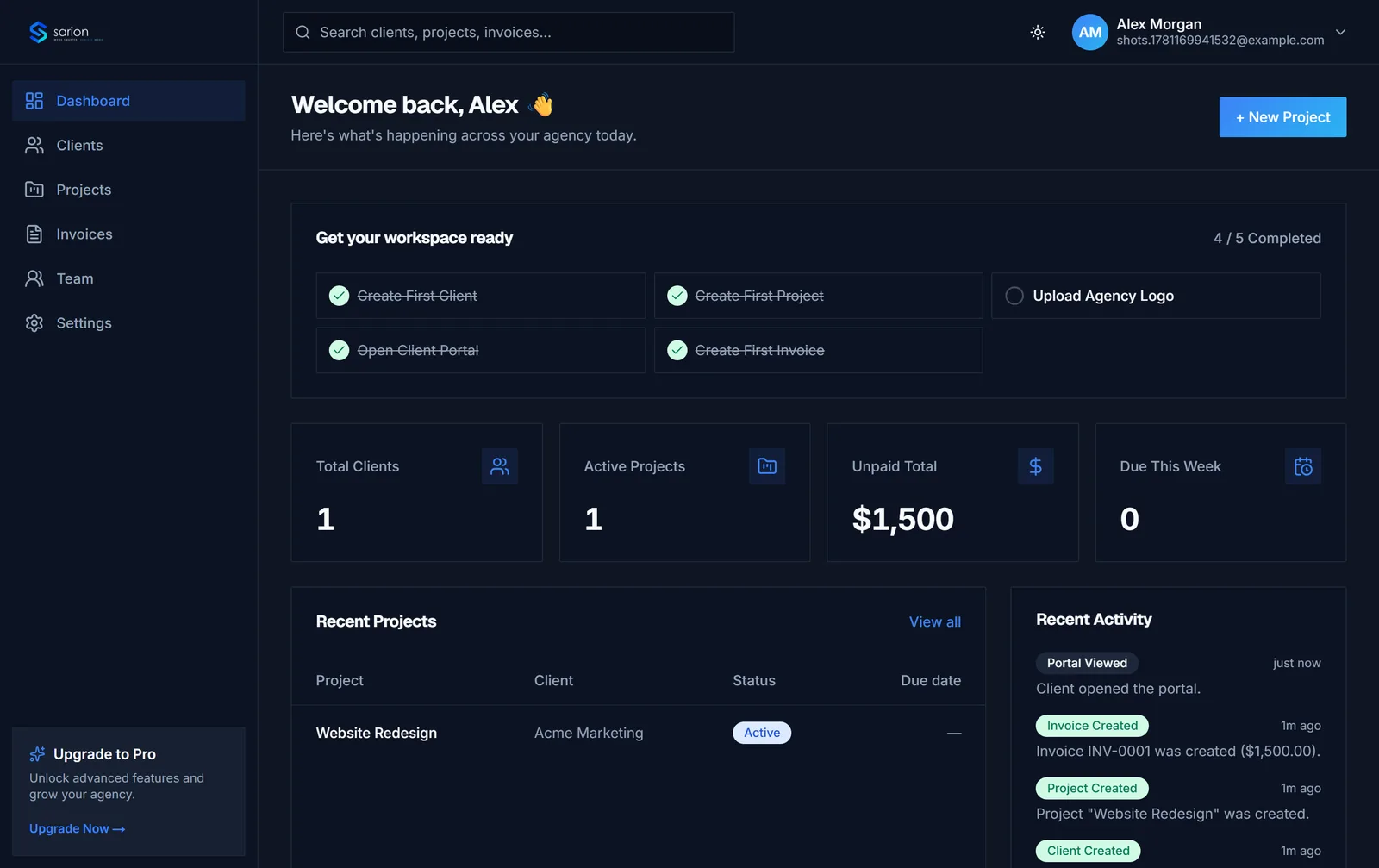 The Sarion dashboard showing clients, active projects, unpaid totals, and recent activity