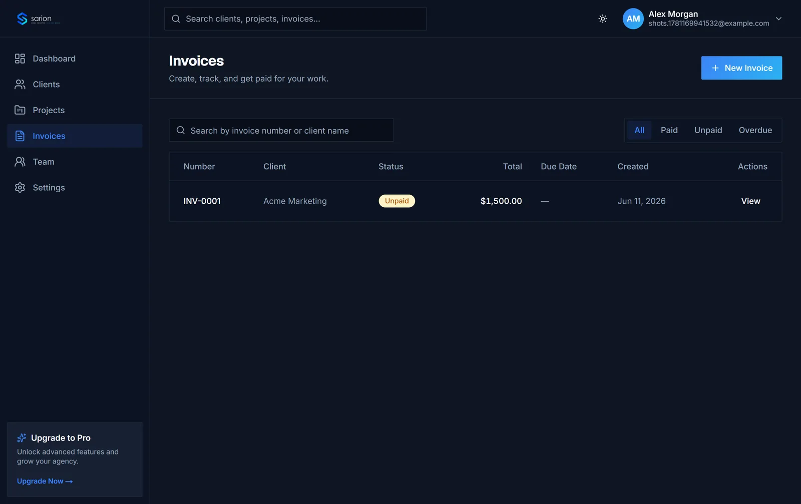 The Sarion invoices list showing paid, unpaid, and overdue status