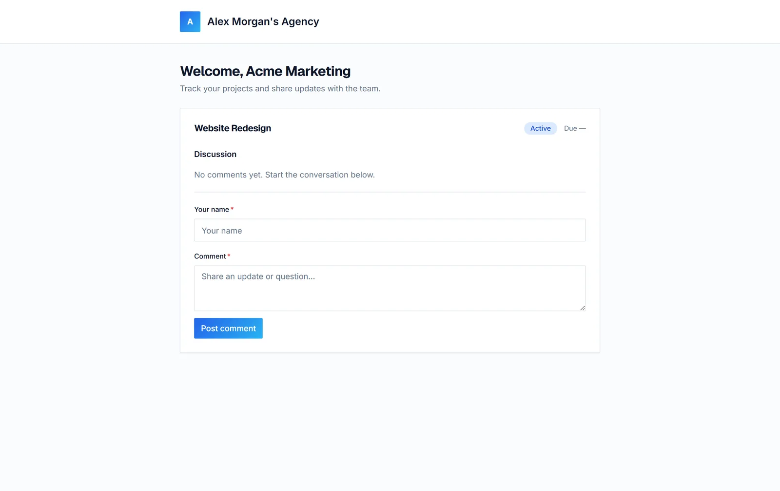 The branded Sarion client portal showing project updates and a comment thread