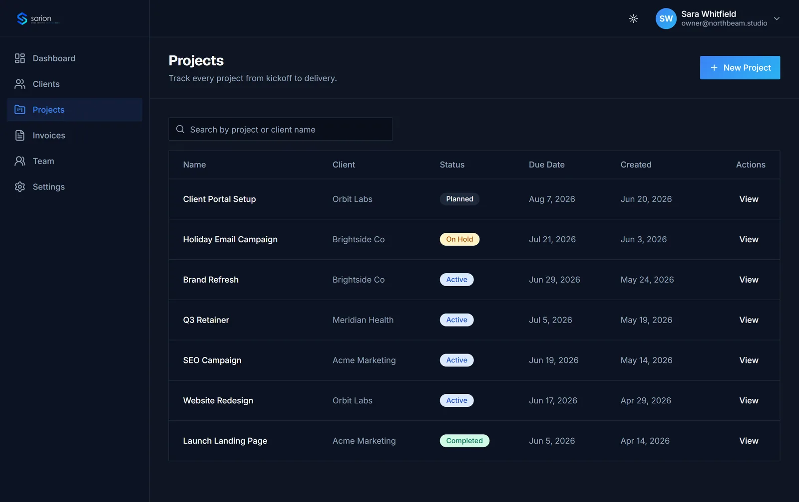 The Sarion projects view showing status and due dates per client