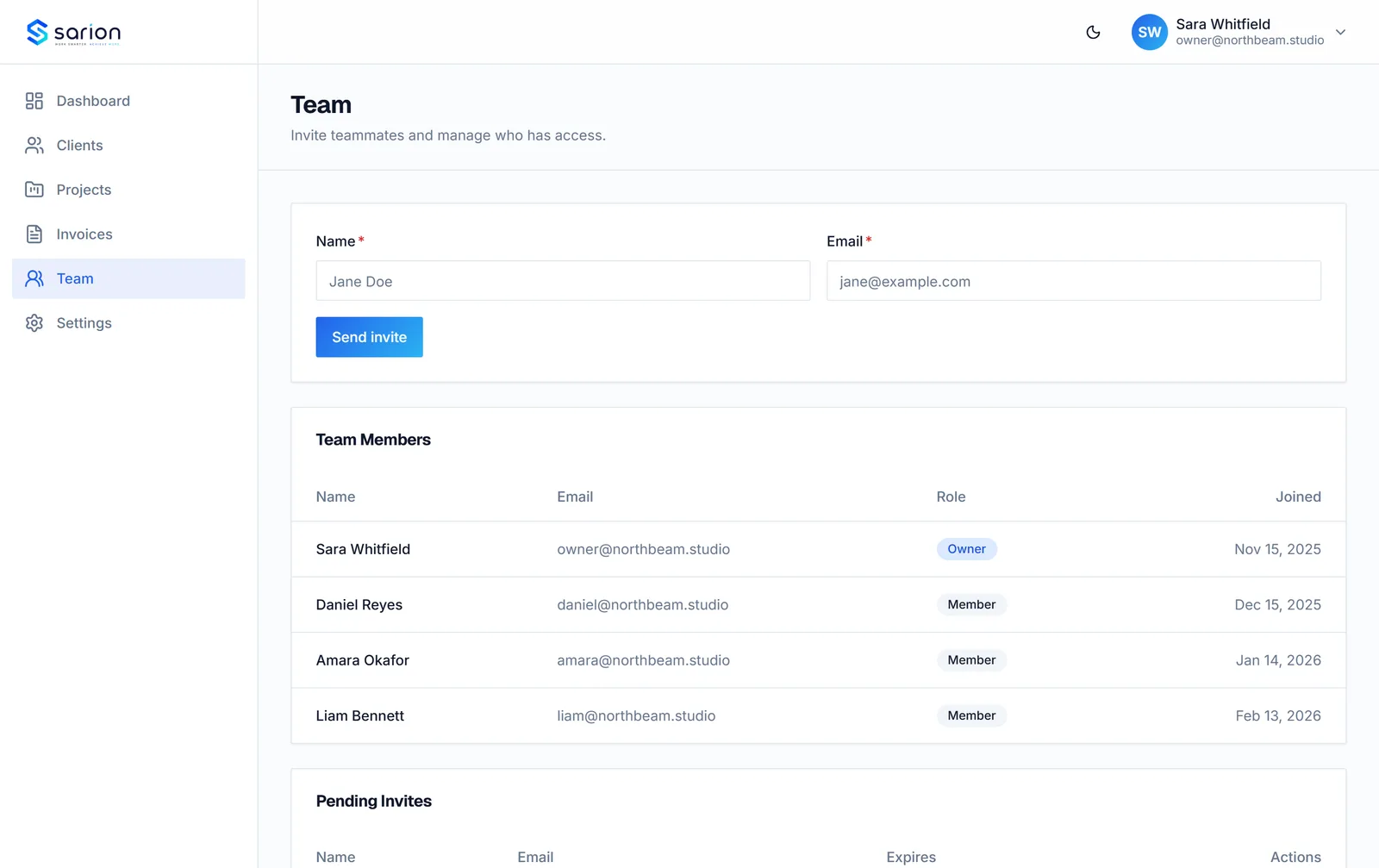 The Sarion team settings with members, invites, and permissions